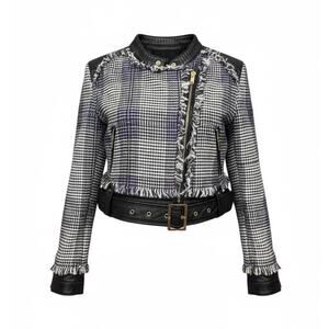 Apart Cropped Leather & Wool Blend Biker Jacket Fringe Trim sz 8